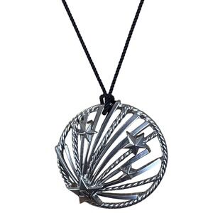 Celestial Shooting Star Medallion Pendant Necklace Silver Tone Black Cord